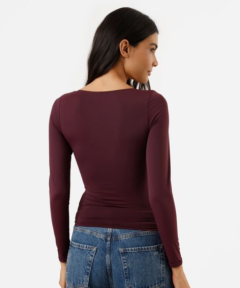 blusa feminina de poliamida decote redondo manga longa vinho