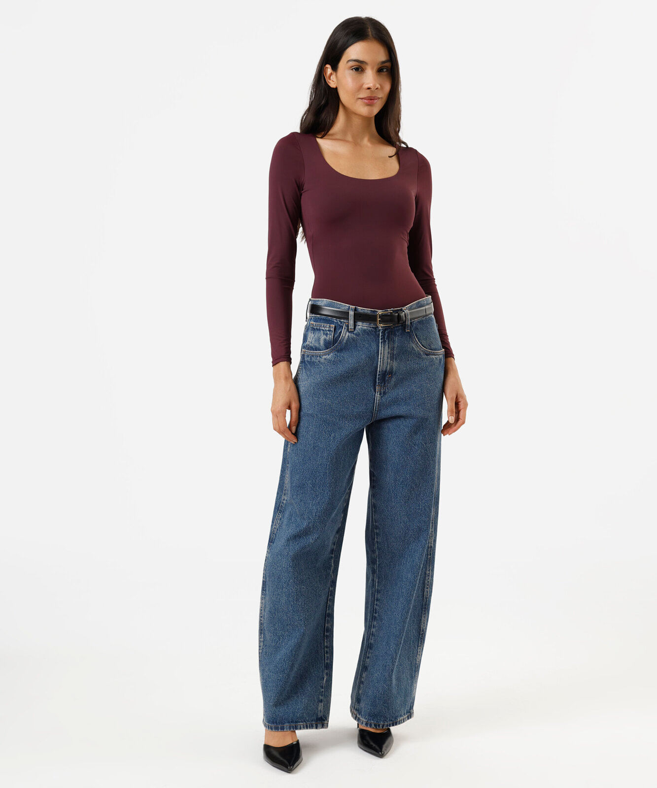blusa feminina de poliamida decote redondo manga longa vinho