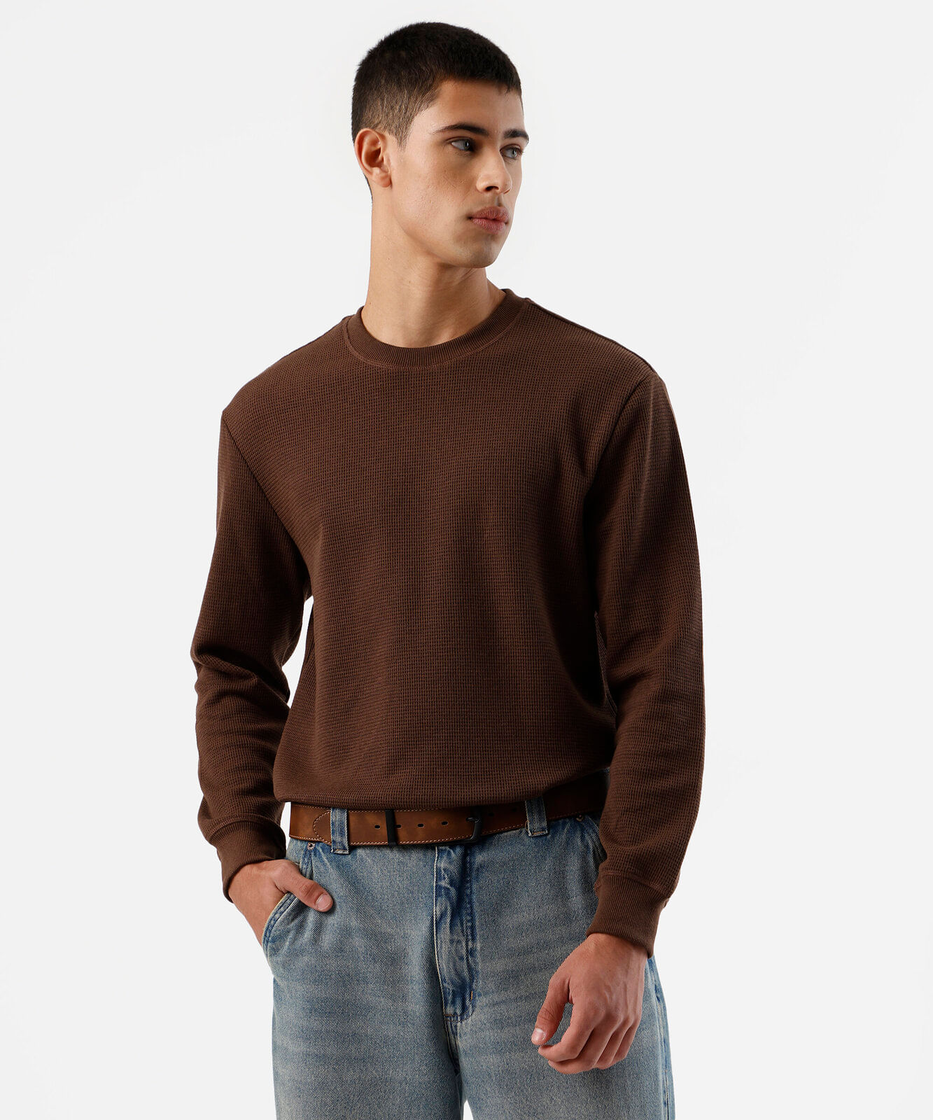 blusa masculina manga longa texturizada marrom