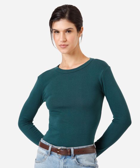 blusa feminina de algodão manga longa canelada verde