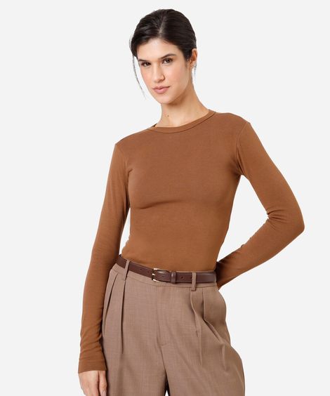 blusa feminina de algodão manga longa canelada marrom