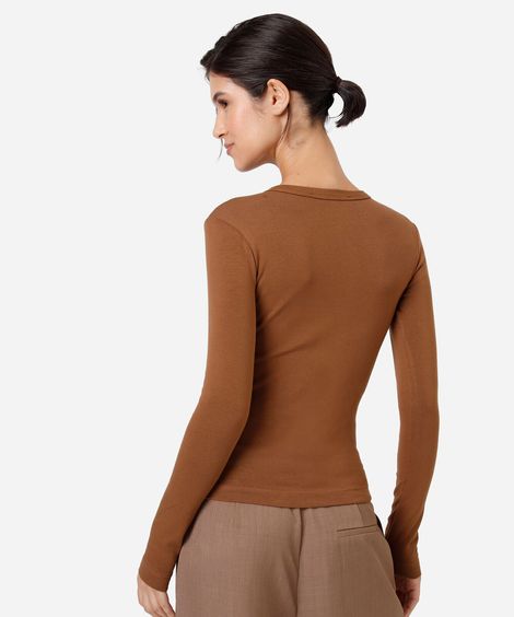 blusa feminina de algodão manga longa canelada marrom