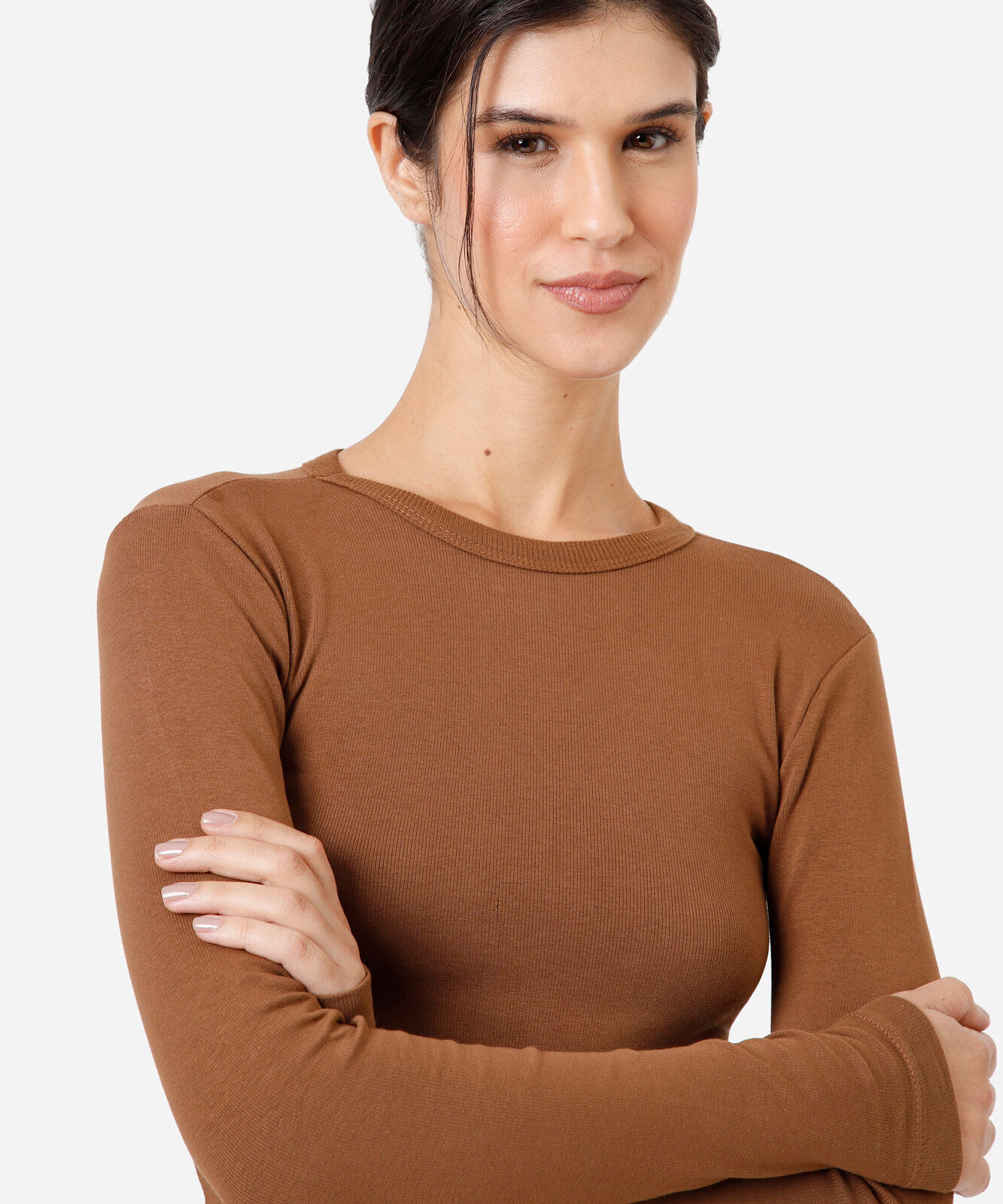 blusa feminina de algodão manga longa canelada marrom