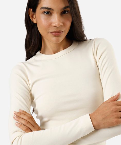 blusa feminina de algodão manga longa canelada bege
