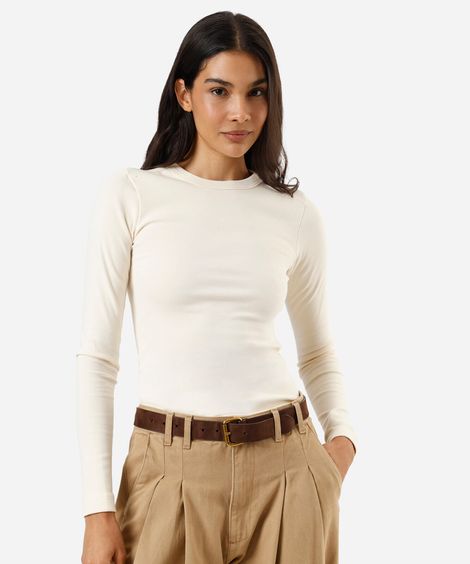 blusa feminina de algodão manga longa canelada bege