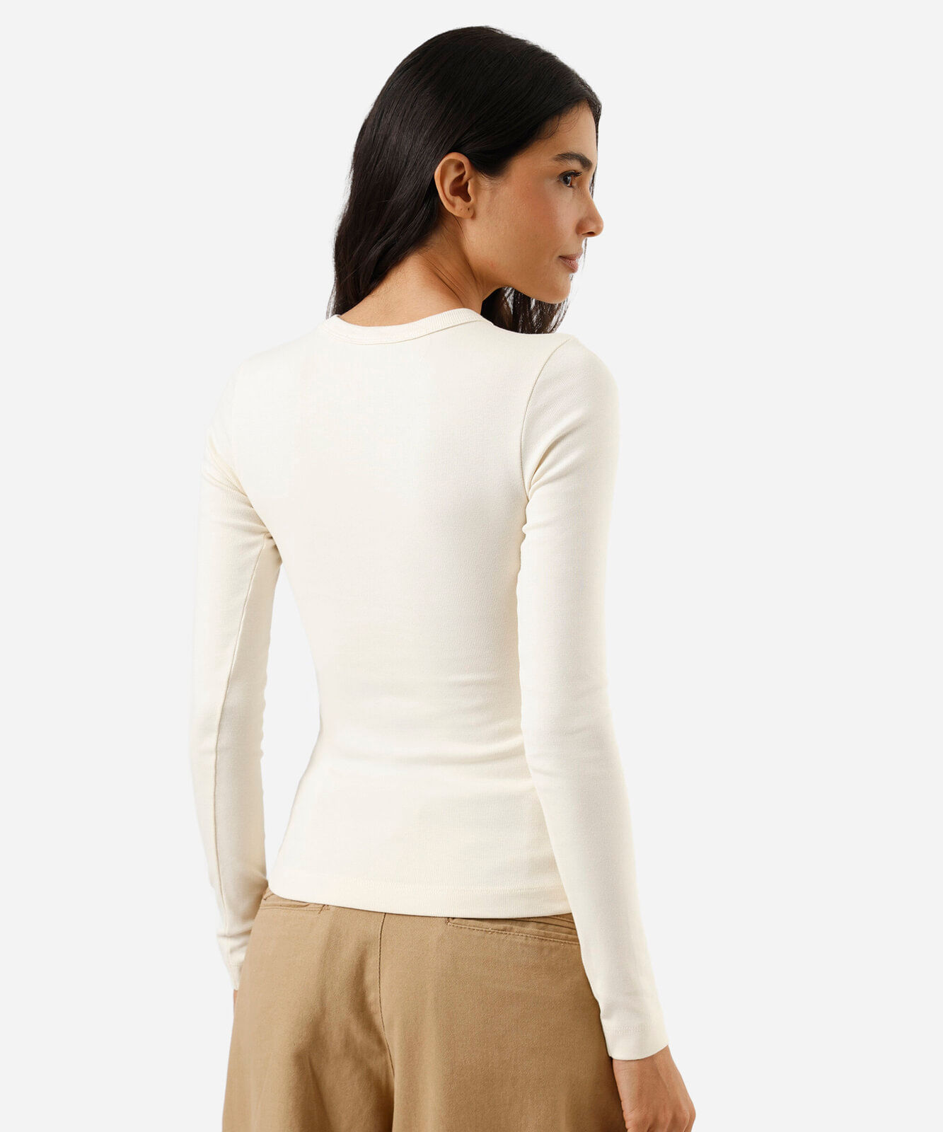 blusa feminina de algodão manga longa canelada bege