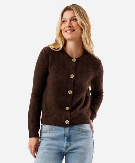 cardigan feminino de tricot decote redondo texturizado marrom