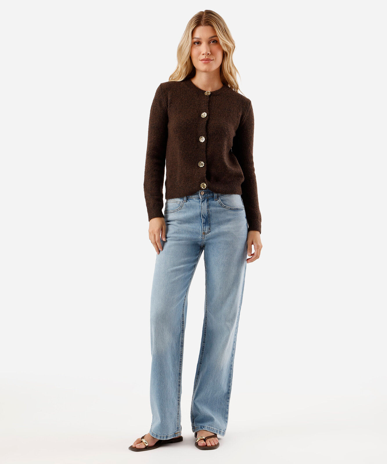 cardigan feminino de tricot decote redondo texturizado marrom