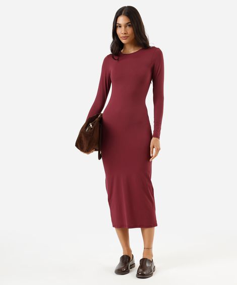 vestido midi feminino de poliamida manga longa vinho