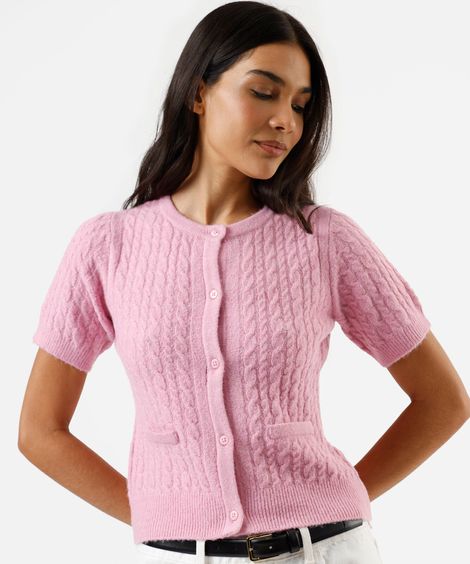 blusa feminina de tricot manga curta texturizada rosa