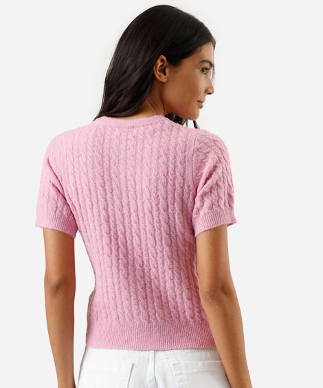 blusa feminina de tricot manga curta texturizada rosa
