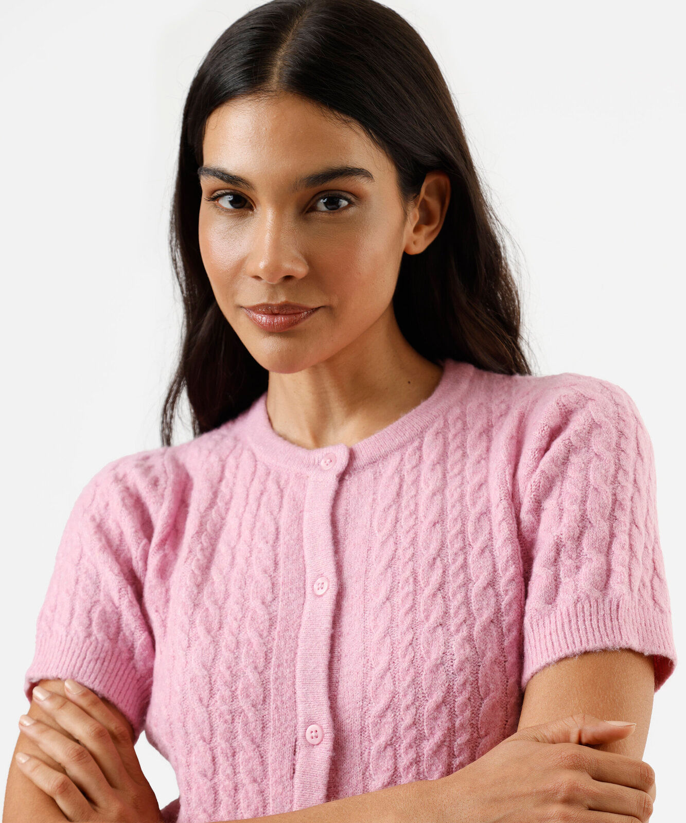 blusa feminina de tricot manga curta texturizada rosa