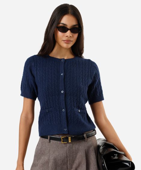 blusa feminina de tricot manga curta texturizada azul