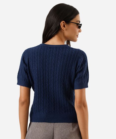 blusa feminina de tricot manga curta texturizada azul