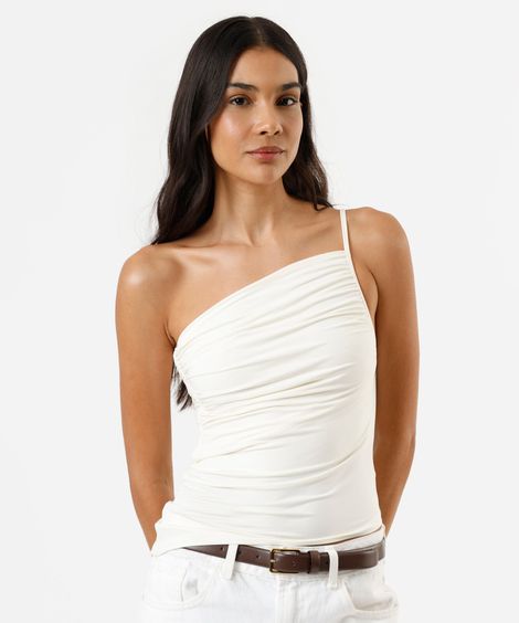 blusa ombro único feminina franzida assimétrica bege