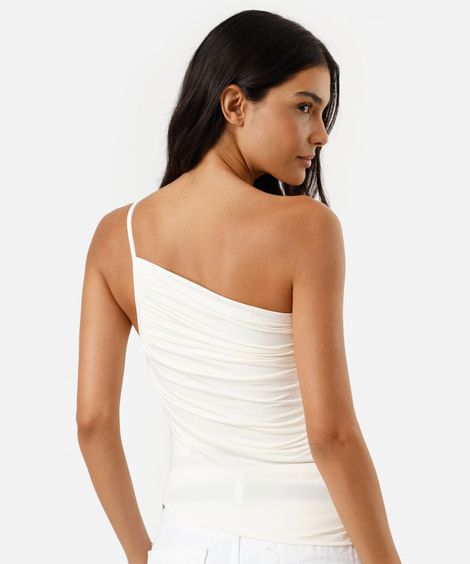 blusa ombro único feminina franzida assimétrica bege