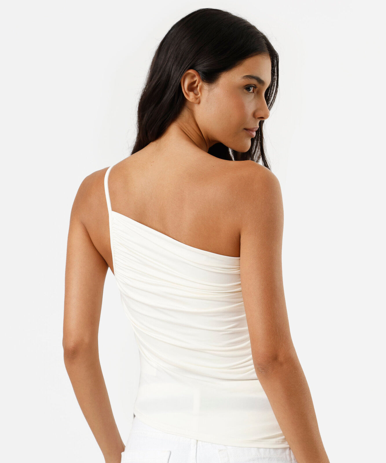 blusa ombro único feminina franzida assimétrica bege