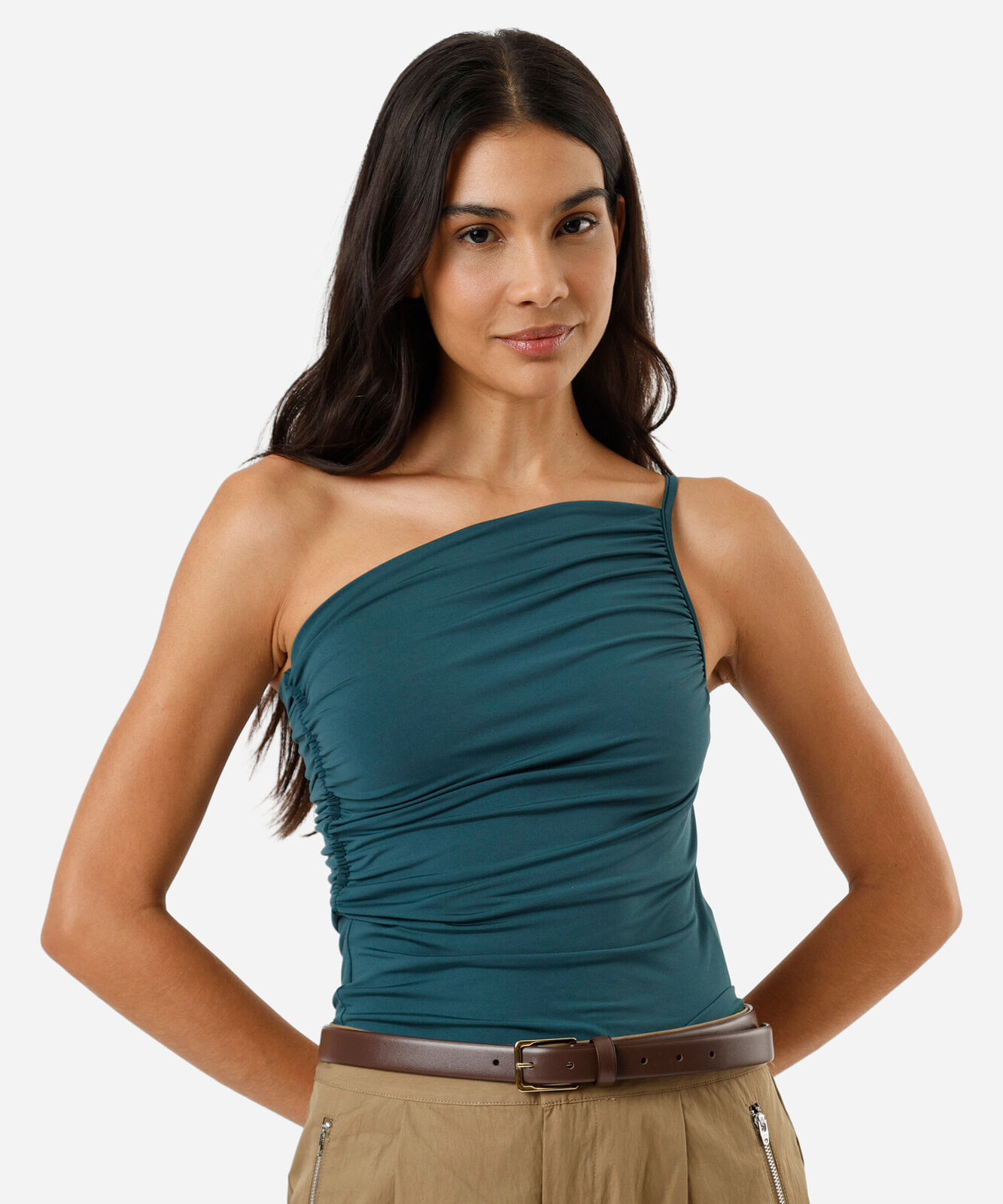 blusa ombro único feminina franzida assimétrica verde