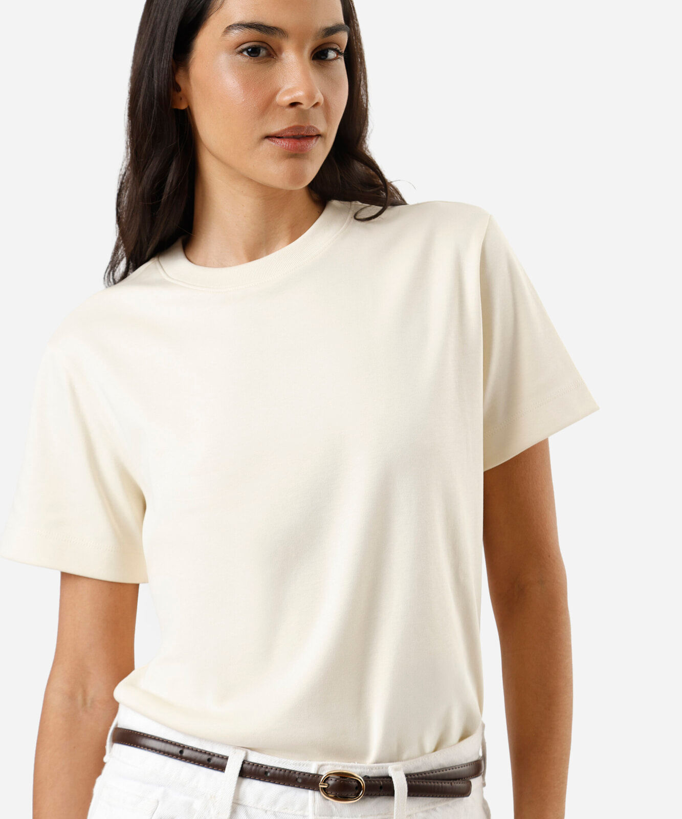 camiseta básica feminina de algodão peruano bege