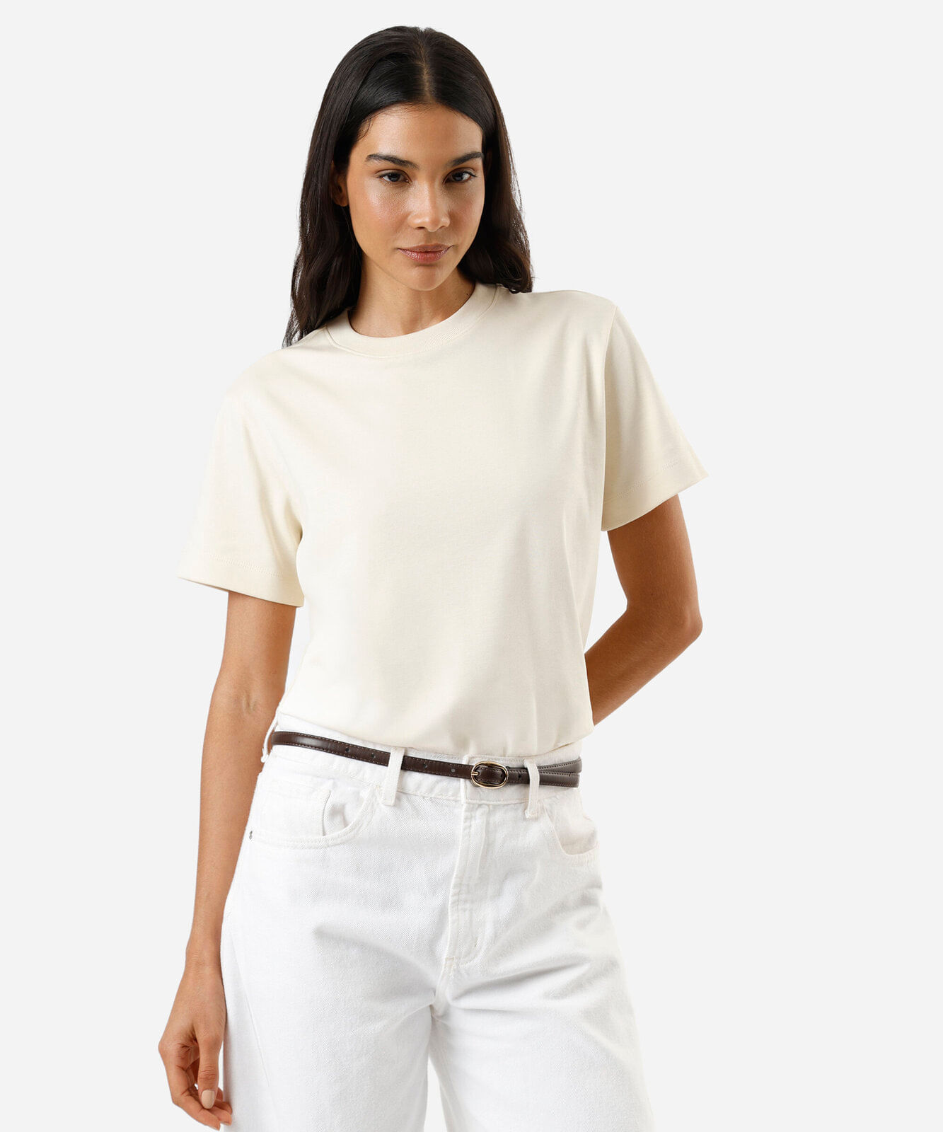 camiseta básica feminina de algodão peruano bege