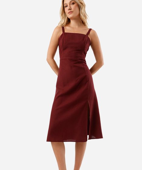 vestido midi feminino com linho e fenda vinho