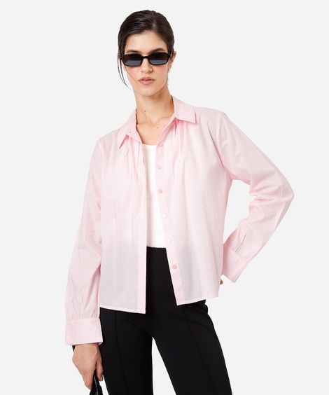 camisa cropped feminina de algodão manga longa com pregas rosa