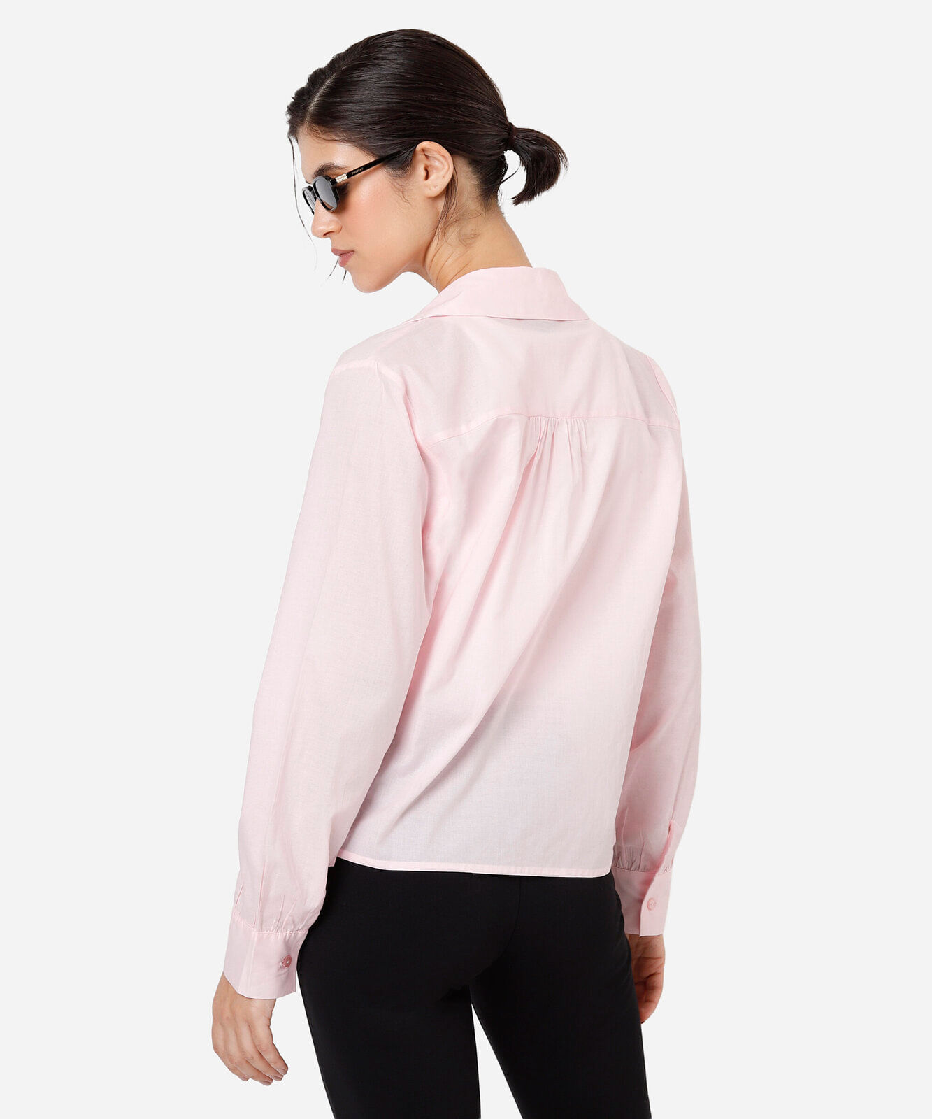 camisa cropped feminina de algodão manga longa com pregas rosa