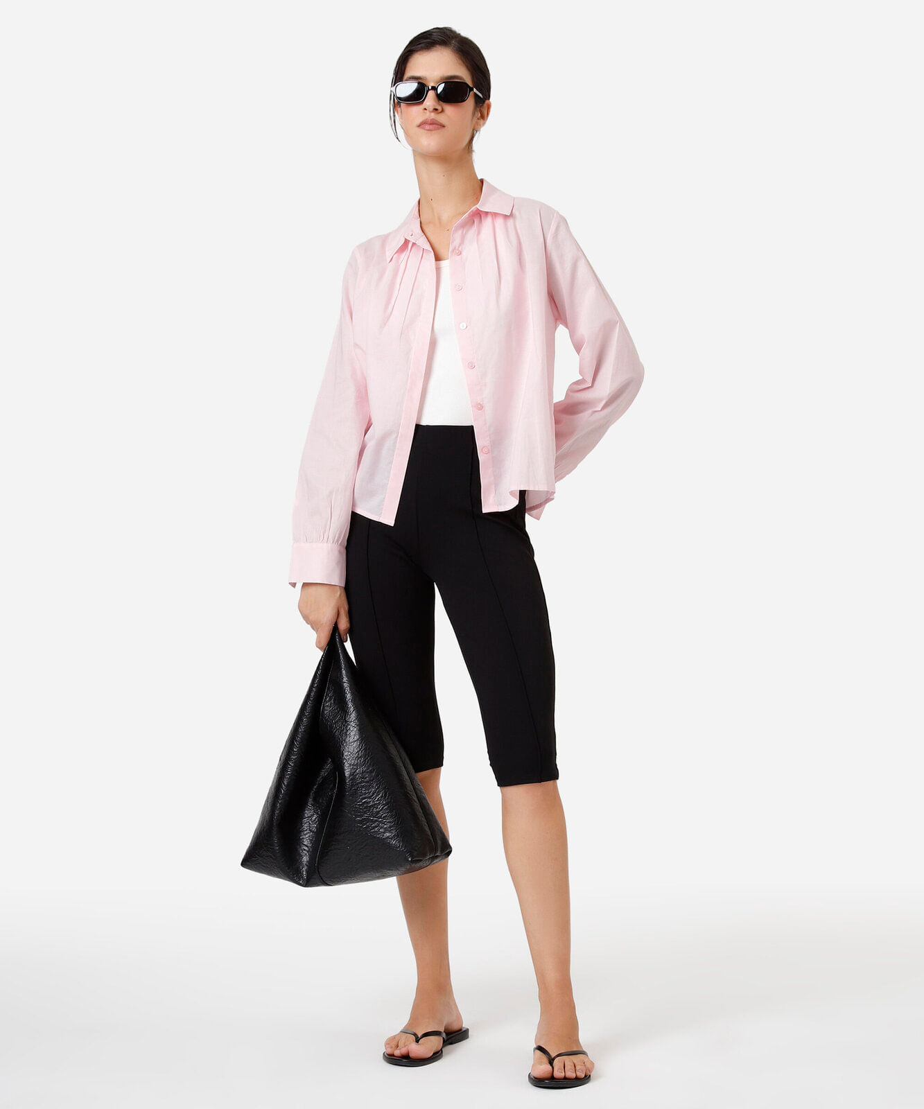 camisa cropped feminina de algodão manga longa com pregas rosa
