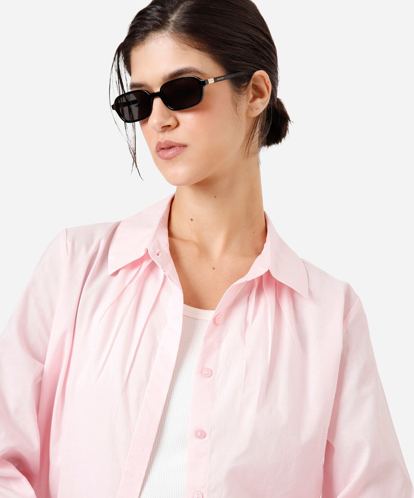 camisa cropped feminina de algodão manga longa com pregas rosa