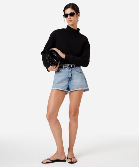 short feminino jeans barra desfiada cintura alta azul