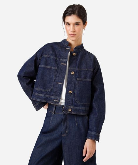 jaqueta cropped feminina jeans com bolsos azul