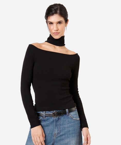 blusa feminina de algodão gola alta manga longa com recorte preta