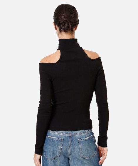 blusa feminina de algodão gola alta manga longa com recorte preta