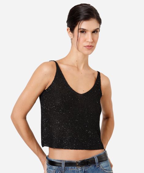 regata cropped feminina de tricot com paetê preta