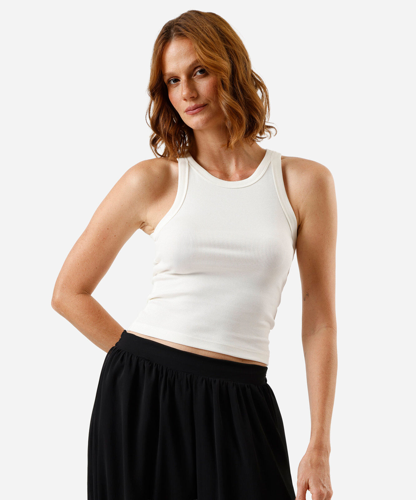 regata feminina de algodão peruano canelada off white