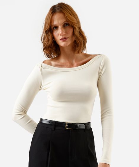 blusa feminina de algodão decote canoa manga longa canelada bege