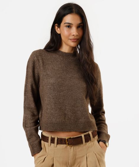suéter básico feminino cropped de tricot marrom