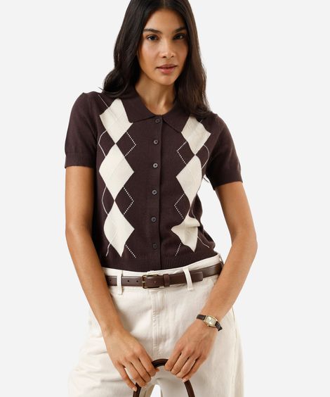 camisa feminina de tricot xadrez argyle marrom
