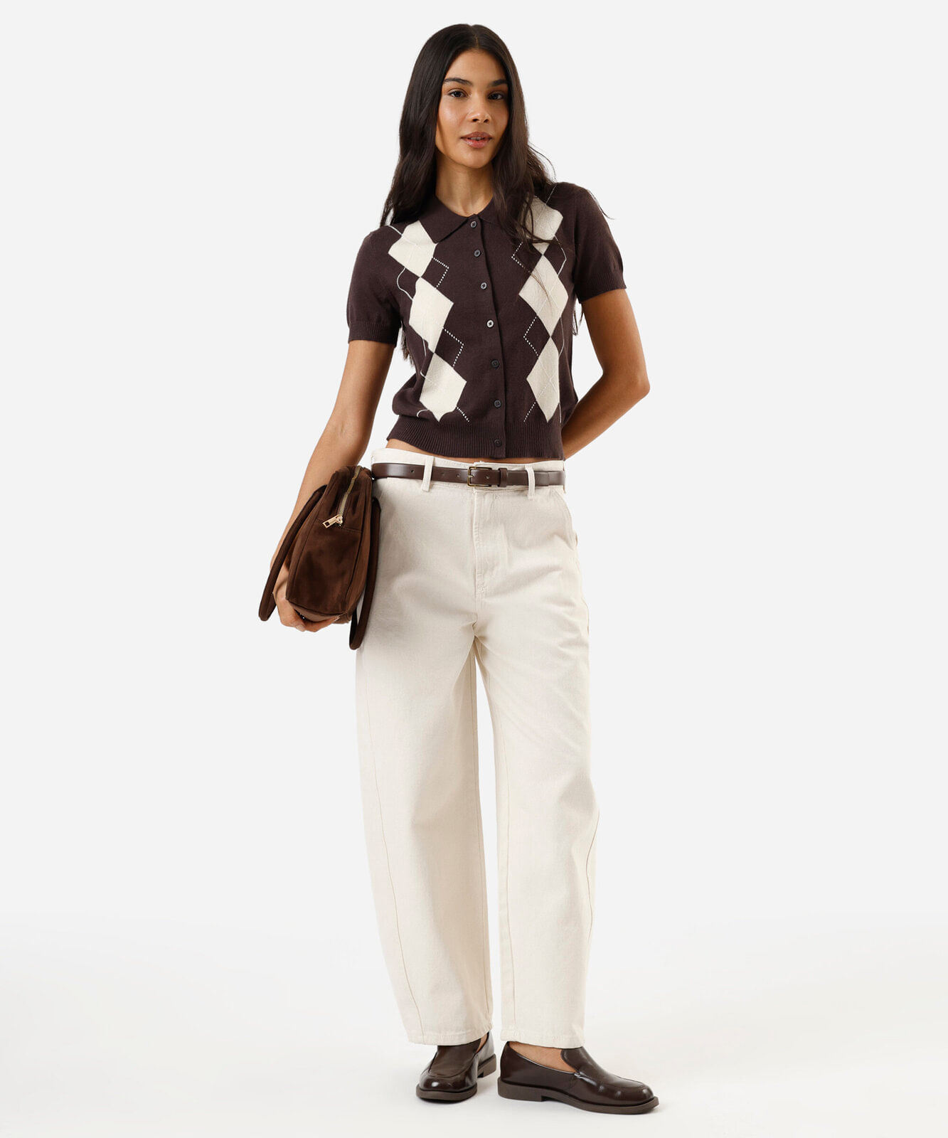 camisa feminina de tricot xadrez argyle marrom