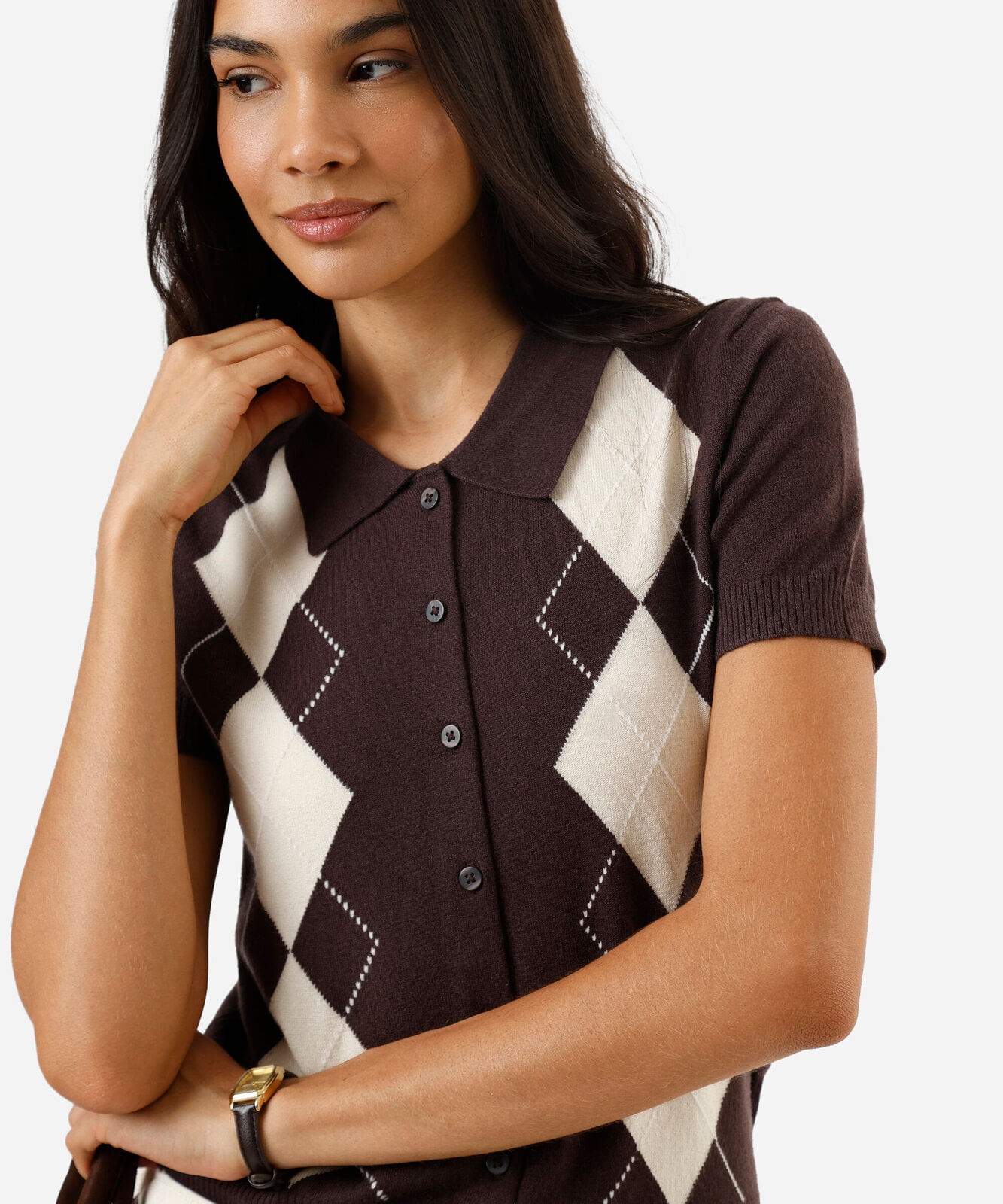 camisa feminina de tricot xadrez argyle marrom