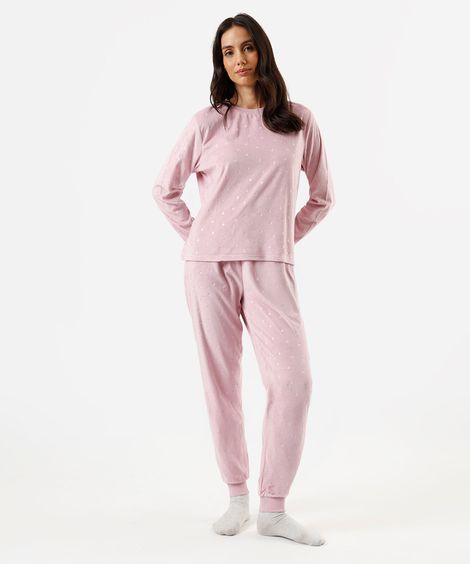pijama longo feminino de plush corações lilás