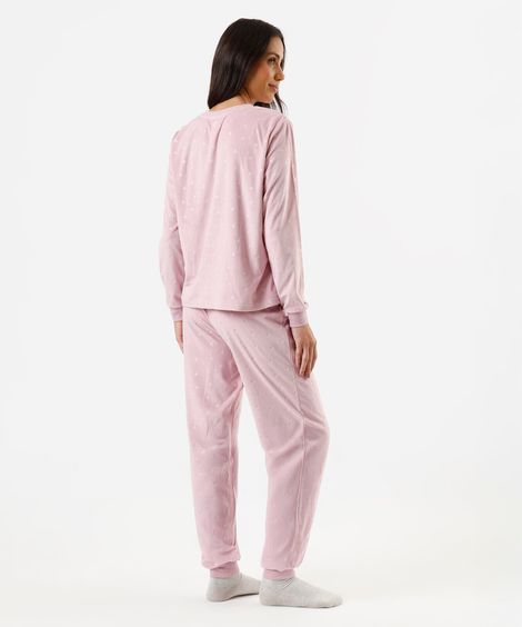 pijama longo feminino de plush corações lilás