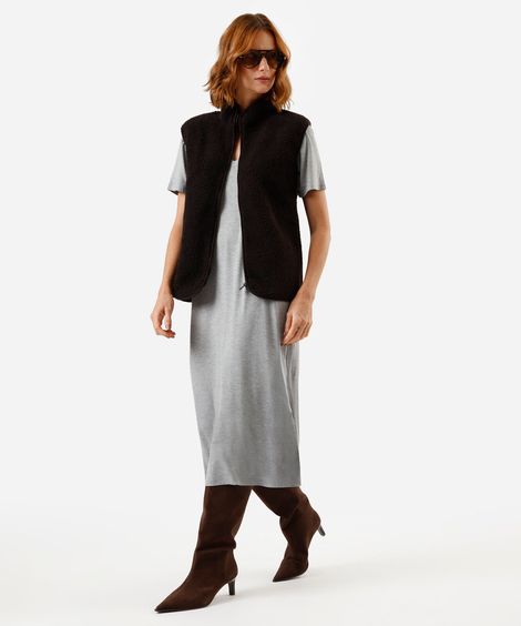 vestido midi básico de viscose decote v cinza