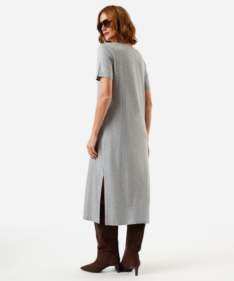 vestido midi básico de viscose decote v cinza