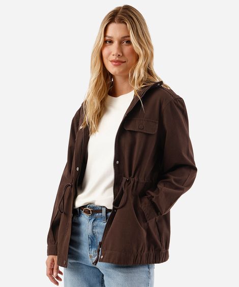 jaqueta parka de sarja com bolsos marrom