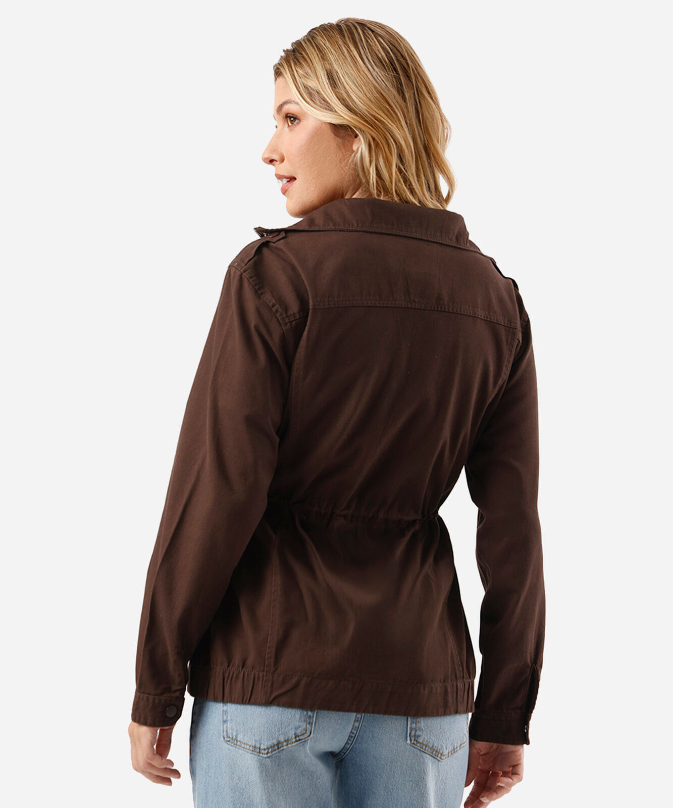 jaqueta parka de sarja com bolsos marrom