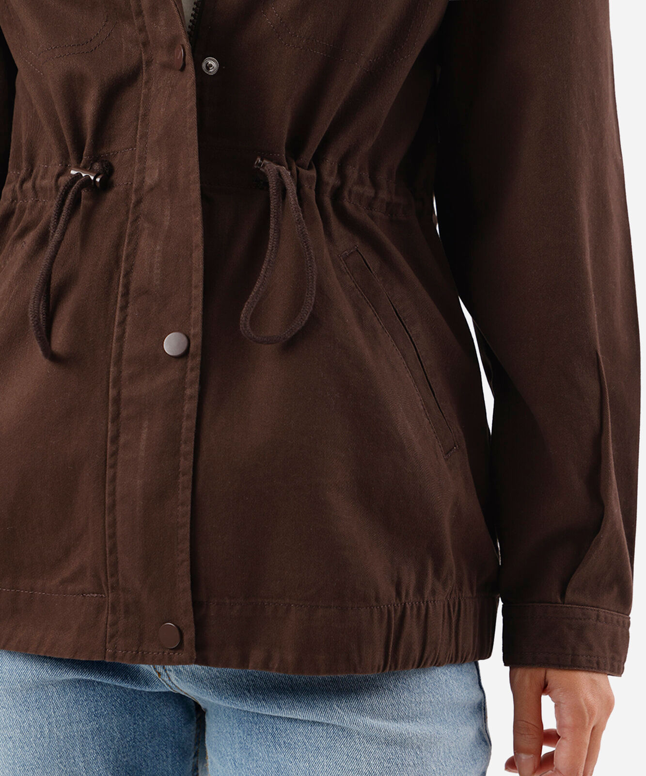 jaqueta parka de sarja com bolsos marrom
