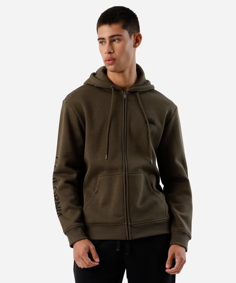 blusão masculino de moletom com capuz e zíper estampado verde