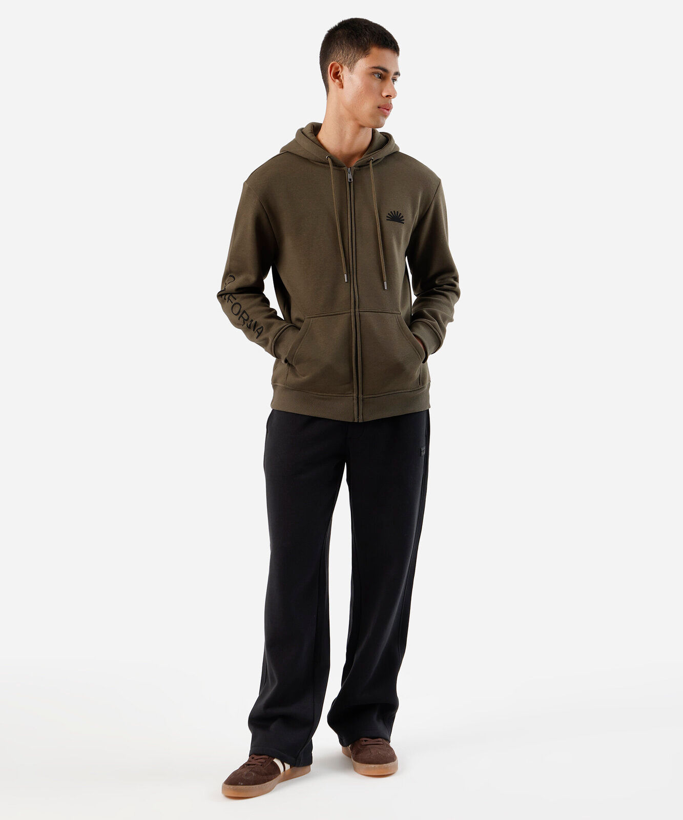 blusão masculino de moletom com capuz e zíper estampado verde
