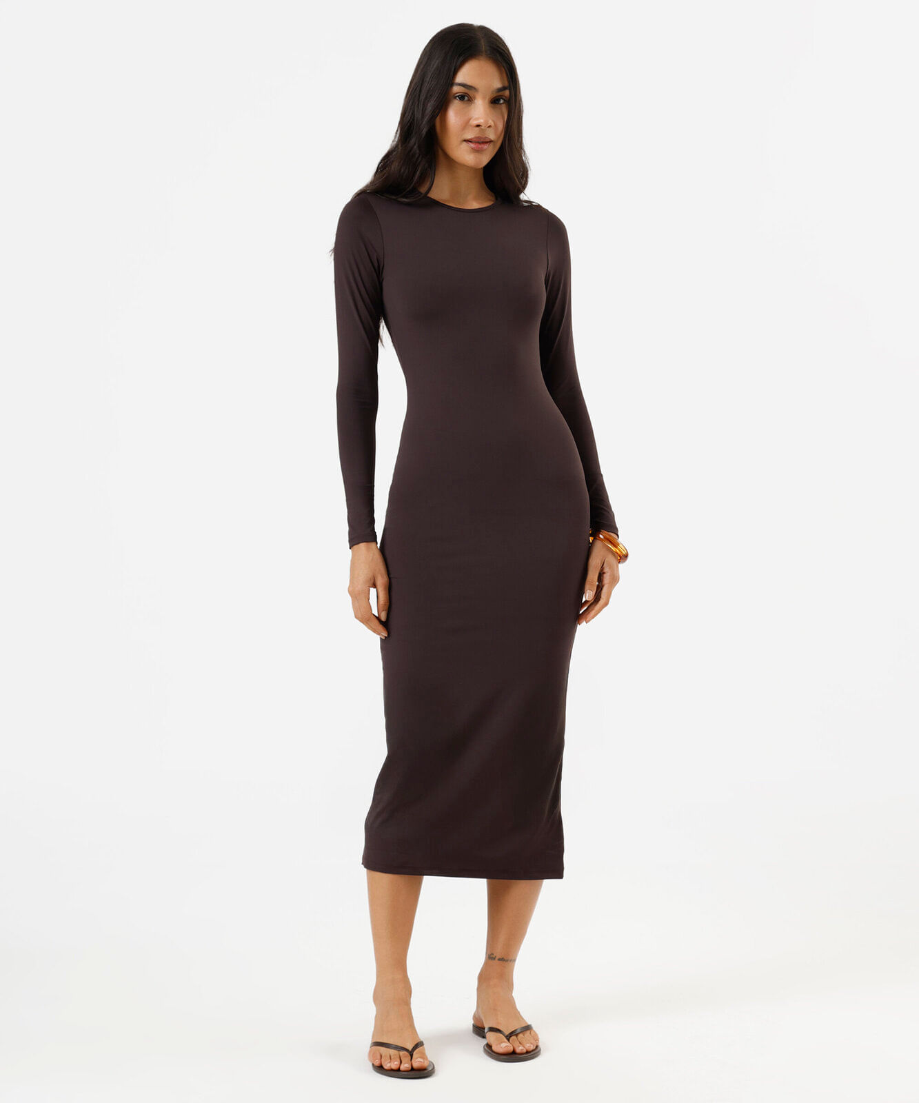 vestido midi feminino de poliamida manga longa marrom